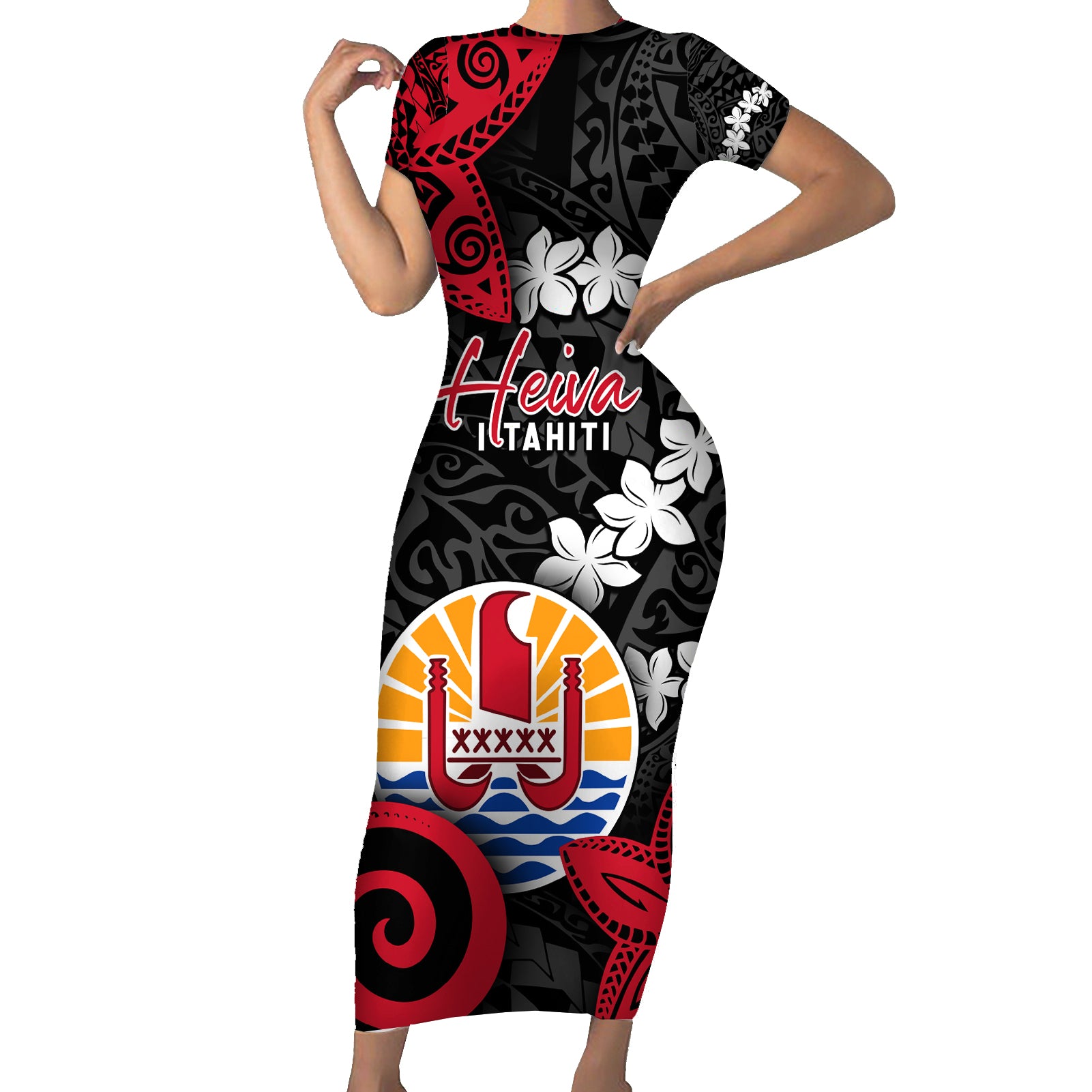 Tahiti Heiva Festival Short Sleeve Bodycon Dress Floral Pattern With Coat Of Arms