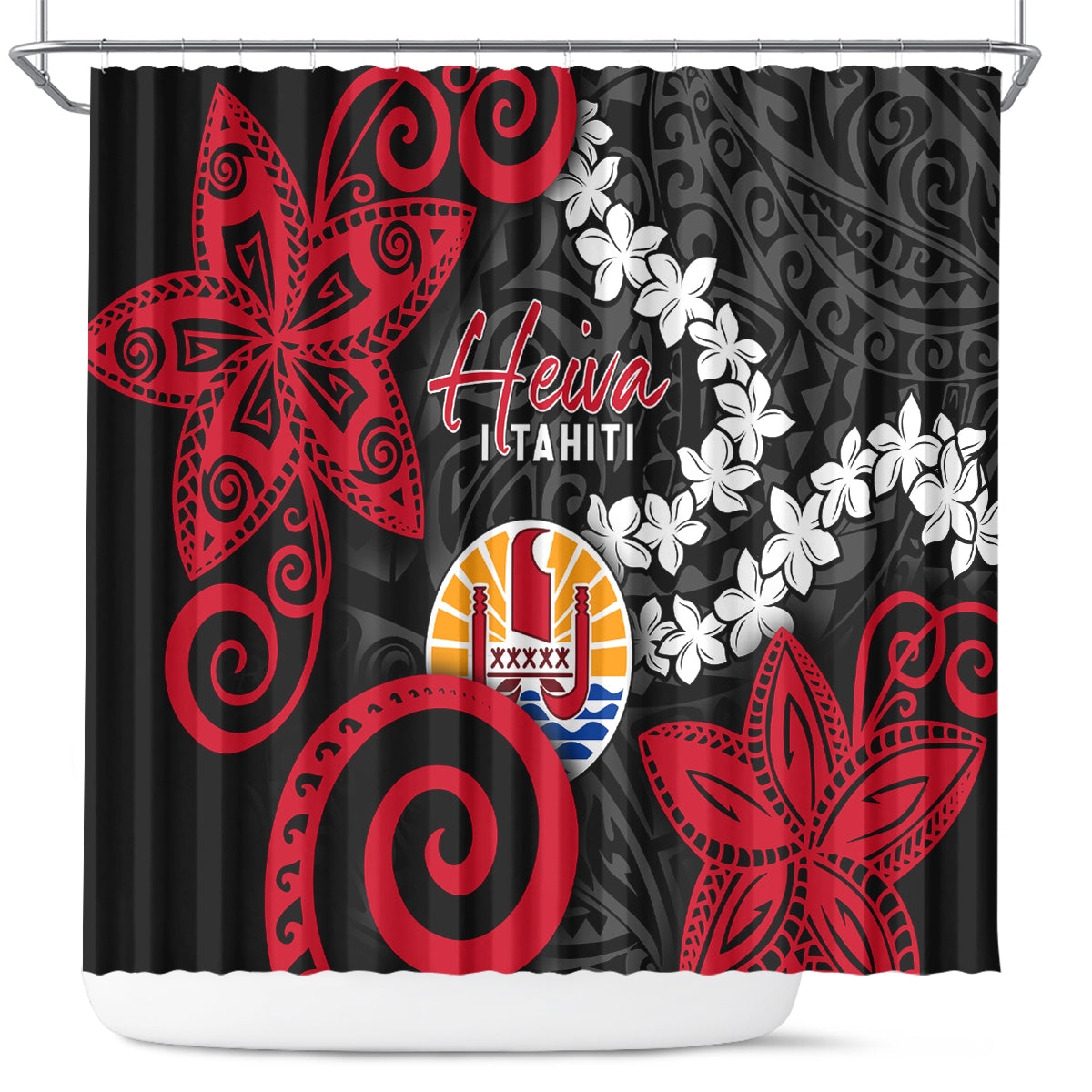 Tahiti Heiva Festival Shower Curtain Floral Pattern With Coat Of Arms
