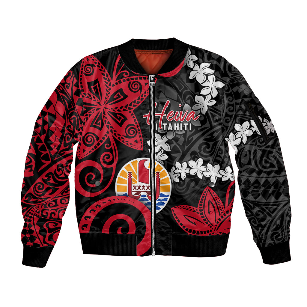 Tahiti Heiva Festival Sleeve Zip Bomber Jacket Floral Pattern With Coat Of Arms