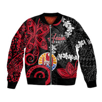 Tahiti Heiva Festival Sleeve Zip Bomber Jacket Floral Pattern With Coat Of Arms LT05 Unisex Black - Polynesian Pride