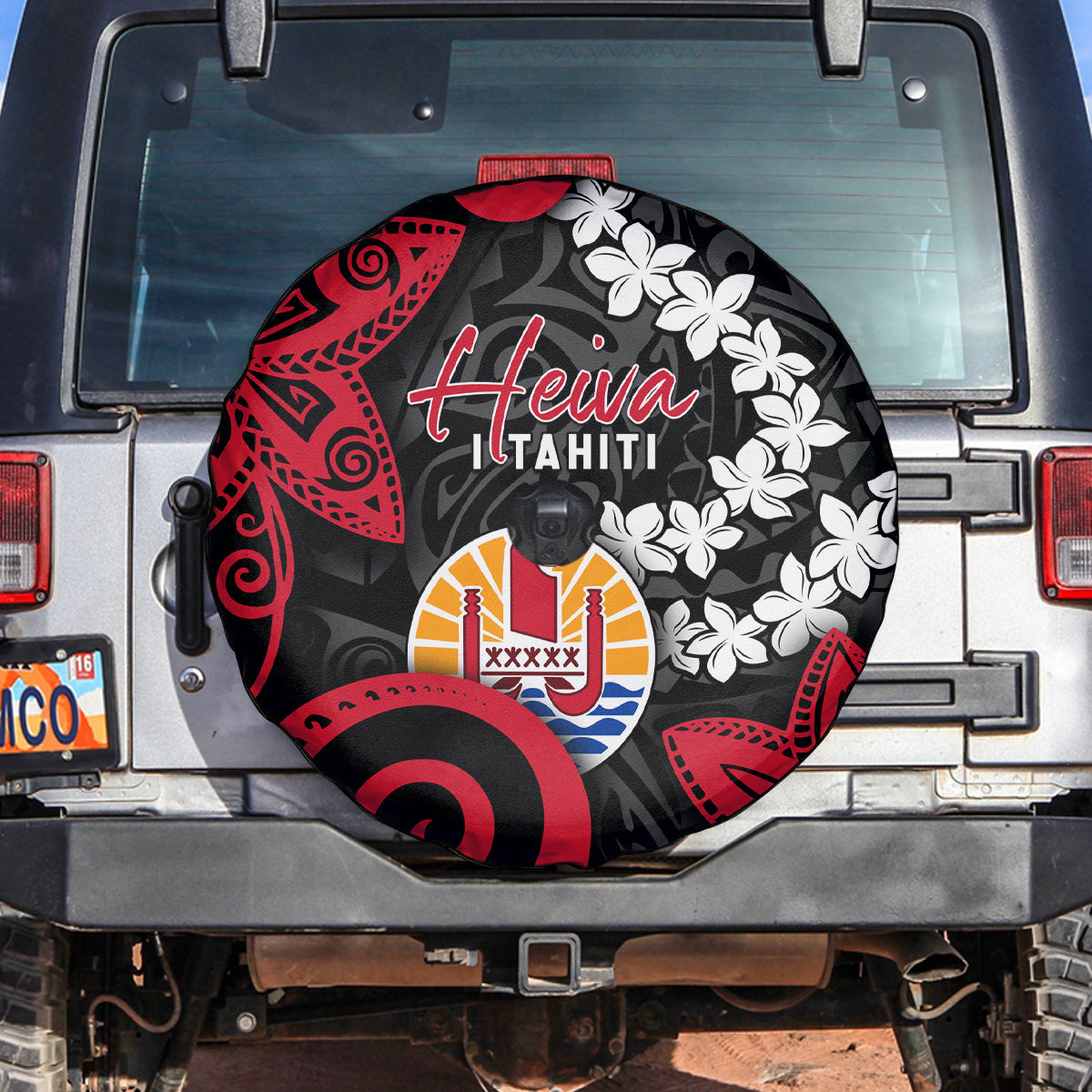 Tahiti Heiva Festival Spare Tire Cover Floral Pattern With Coat Of Arms