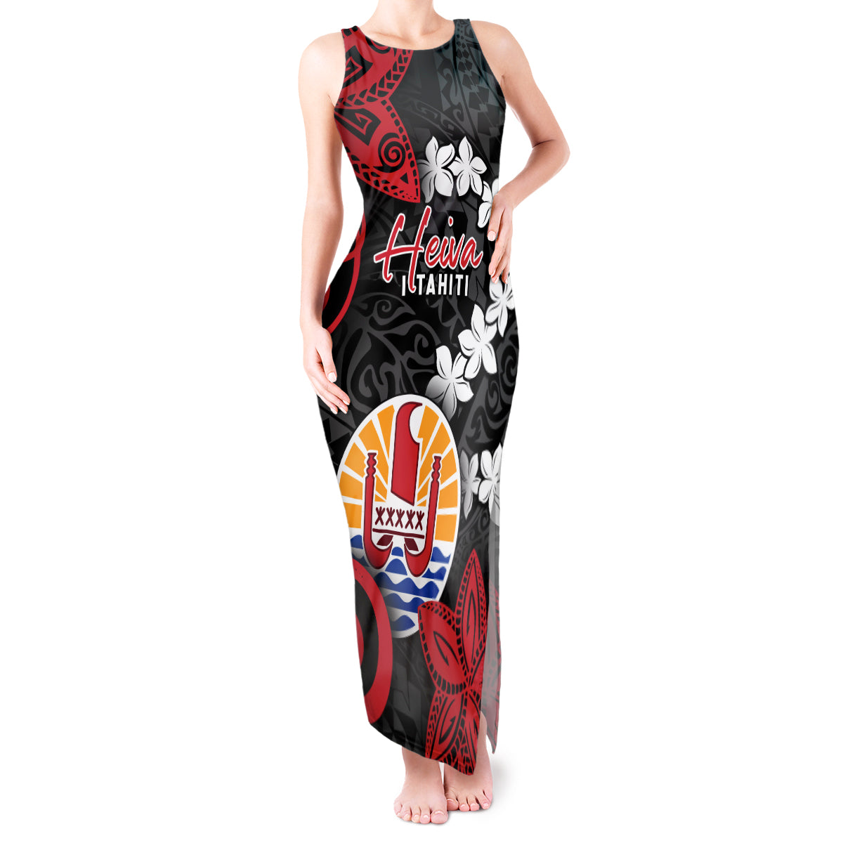 Tahiti Heiva Festival Tank Maxi Dress Floral Pattern With Coat Of Arms