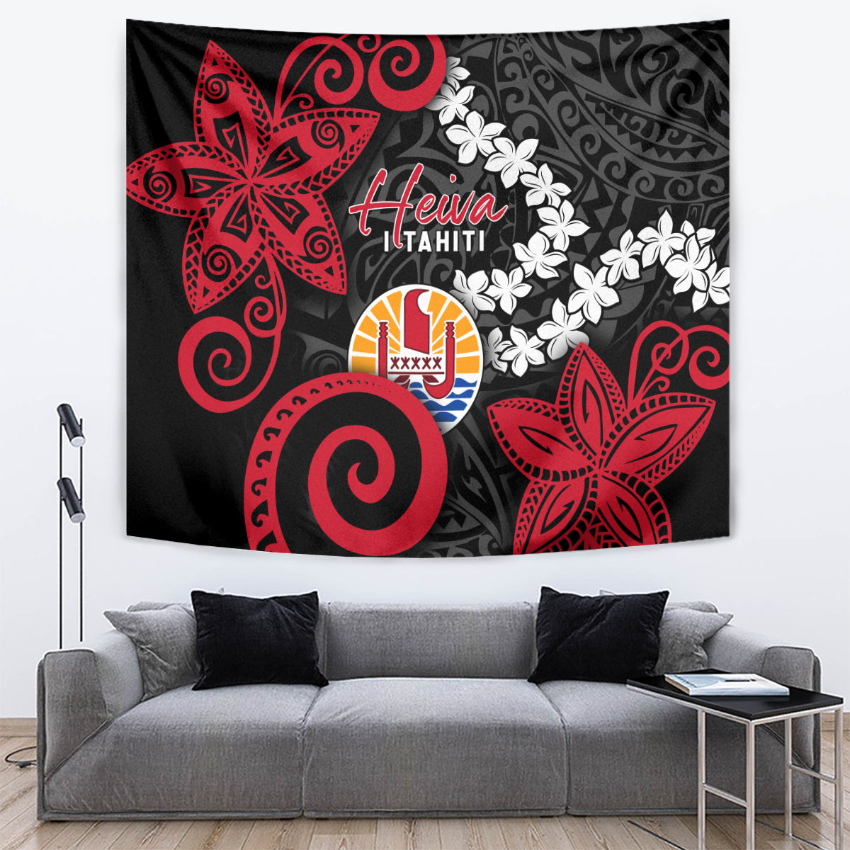 Tahiti Heiva Festival Tapestry Floral Pattern With Coat Of Arms