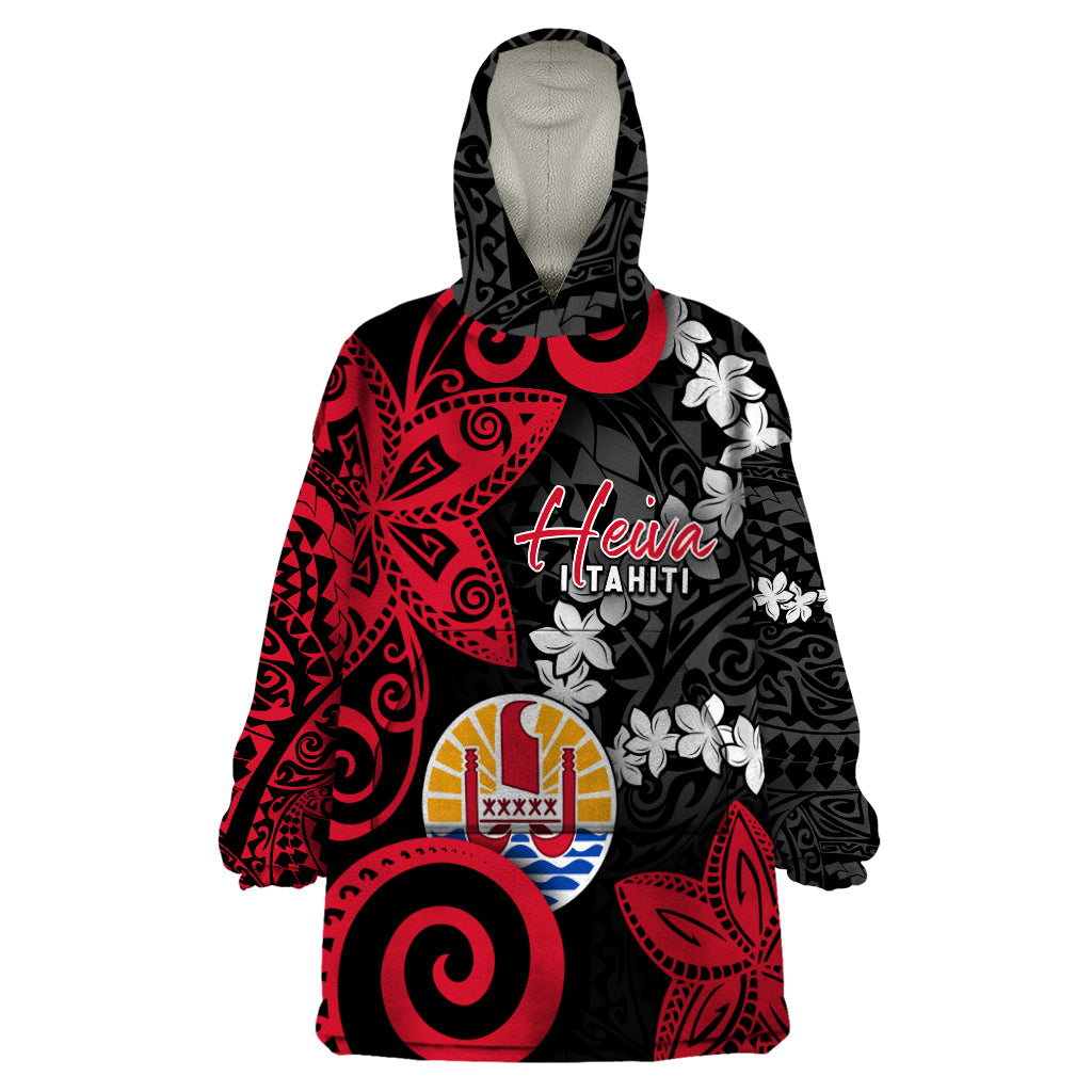 Tahiti Heiva Festival Wearable Blanket Hoodie Floral Pattern With Coat Of Arms LT05 One Size Black - Polynesian Pride