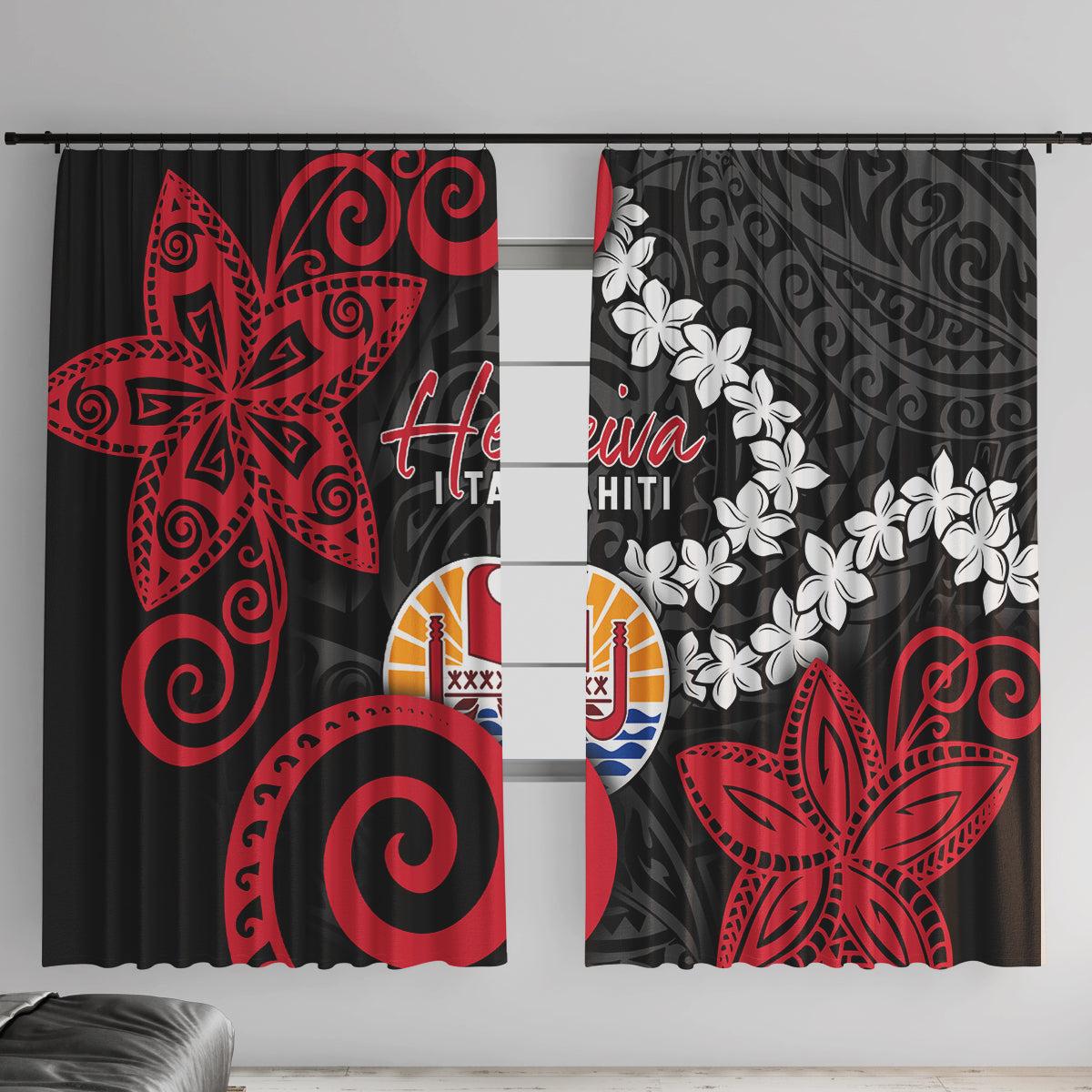 Tahiti Heiva Festival Window Curtain Floral Pattern With Coat Of Arms LT05 With Hooks Black - Polynesian Pride