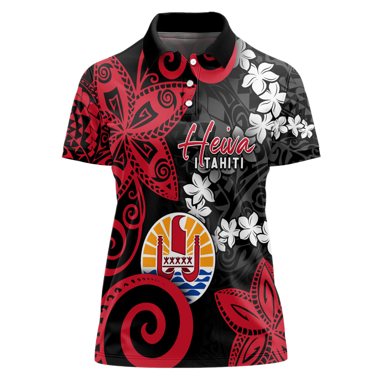 Tahiti Heiva Festival Women Polo Shirt Floral Pattern With Coat Of Arms