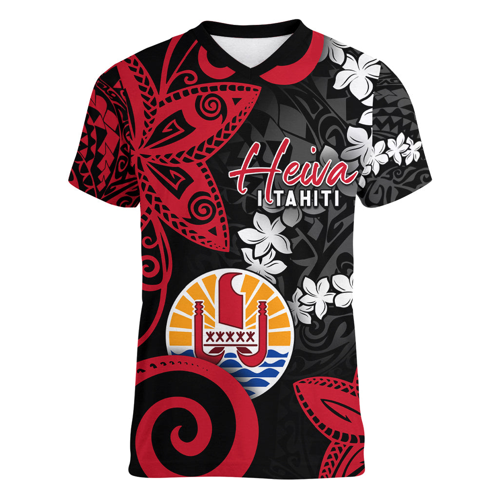 Tahiti Heiva Festival Women V Neck T Shirt Floral Pattern With Coat Of Arms