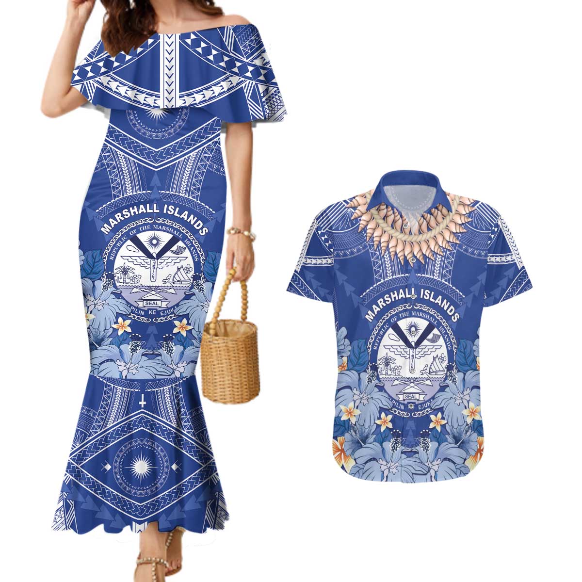 Marshall Islands Jemenei Day Couples Matching Mermaid Dress and Hawaiian Shirt Polynesian Tribal Tattoo Seashell Necklace
