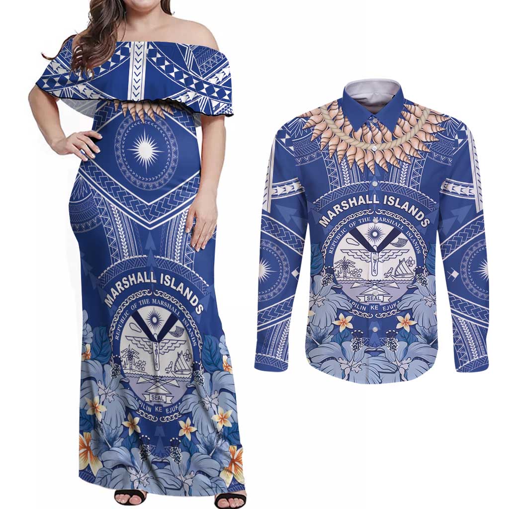 Marshall Islands Jemenei Day Couples Matching Off Shoulder Maxi Dress and Long Sleeve Button Shirt Polynesian Tribal Tattoo Seashell Necklace