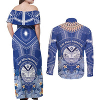 Marshall Islands Jemenei Day Couples Matching Off Shoulder Maxi Dress and Long Sleeve Button Shirt Polynesian Tribal Tattoo Seashell Necklace