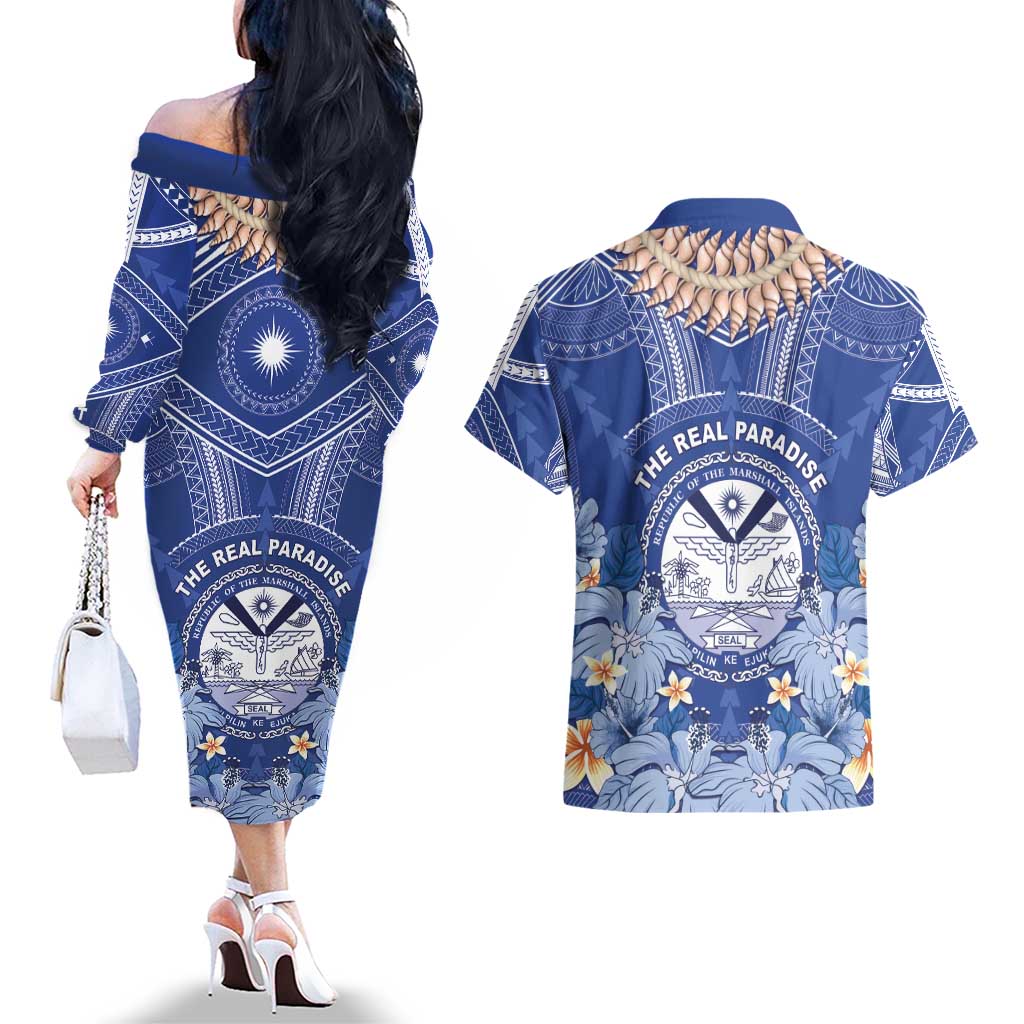 Marshall Islands Jemenei Day Couples Matching Off The Shoulder Long Sleeve Dress and Hawaiian Shirt Polynesian Tribal Tattoo Seashell Necklace