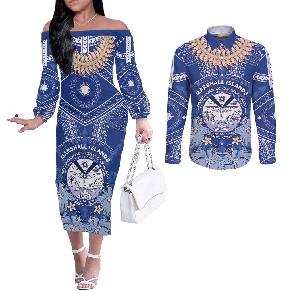 Marshall Islands Jemenei Day Couples Matching Off The Shoulder Long Sleeve Dress and Long Sleeve Button Shirt Polynesian Tribal Tattoo Seashell Necklace
