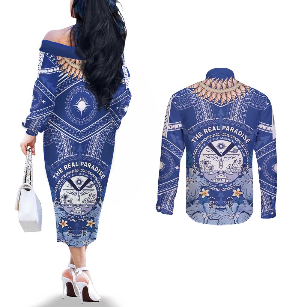 Marshall Islands Jemenei Day Couples Matching Off The Shoulder Long Sleeve Dress and Long Sleeve Button Shirt Polynesian Tribal Tattoo Seashell Necklace