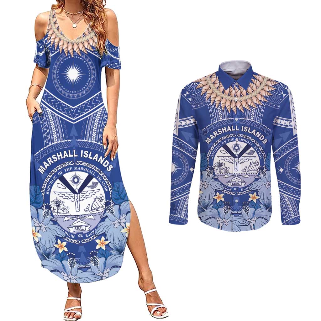 Marshall Islands Jemenei Day Couples Matching Summer Maxi Dress and Long Sleeve Button Shirt Polynesian Tribal Tattoo Seashell Necklace