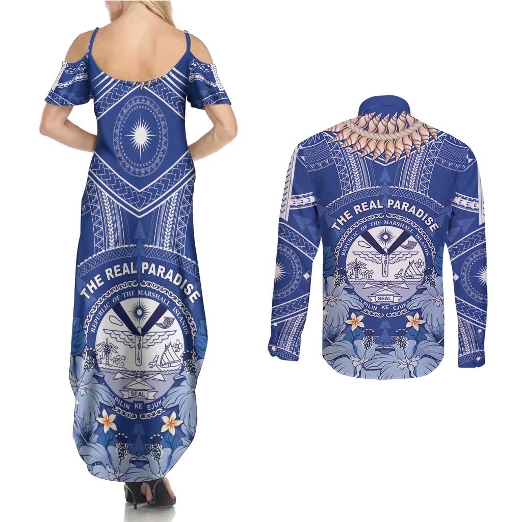 Marshall Islands Jemenei Day Couples Matching Summer Maxi Dress and Long Sleeve Button Shirt Polynesian Tribal Tattoo Seashell Necklace