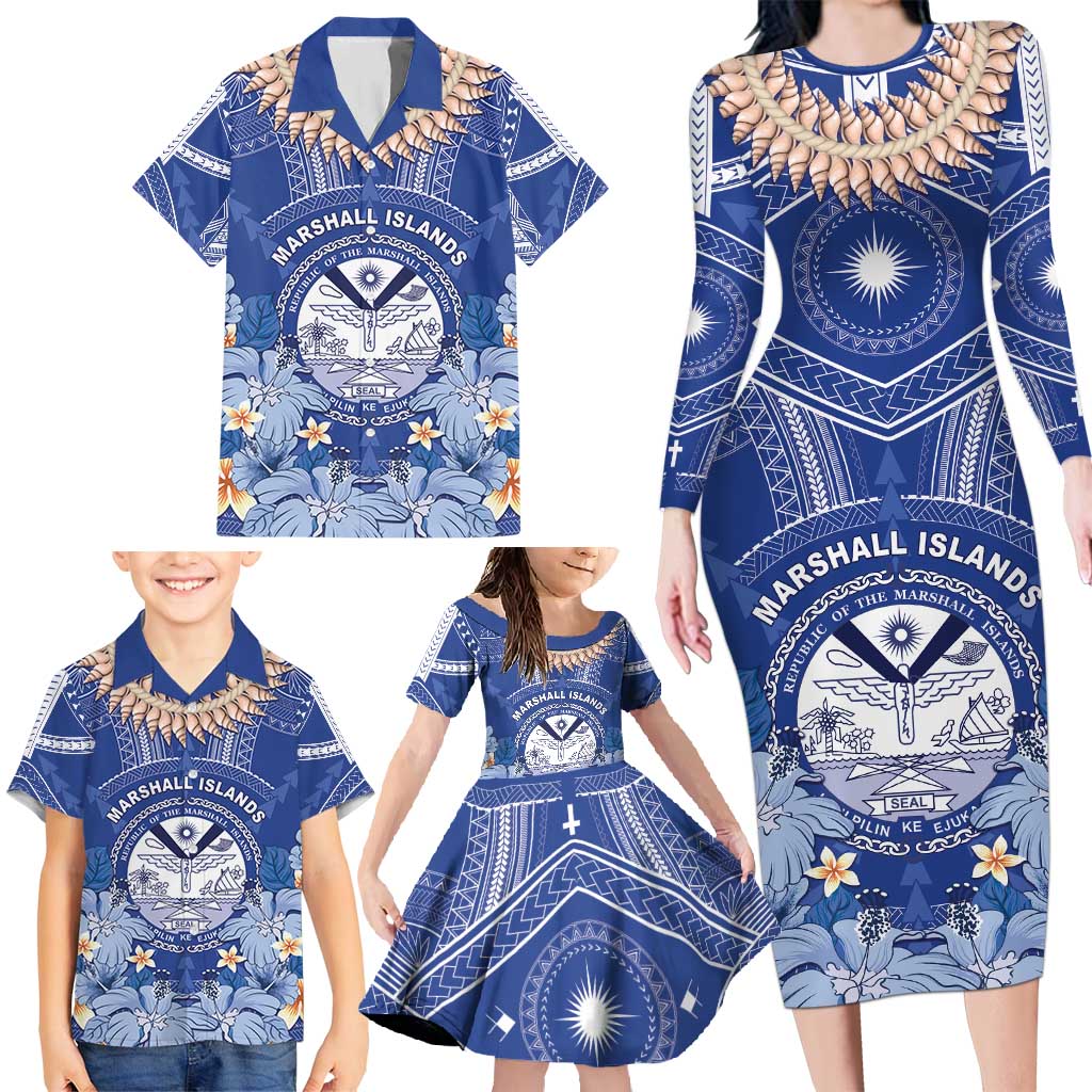 Marshall Islands Jemenei Day Family Matching Long Sleeve Bodycon Dress and Hawaiian Shirt Polynesian Tribal Tattoo Seashell Necklace