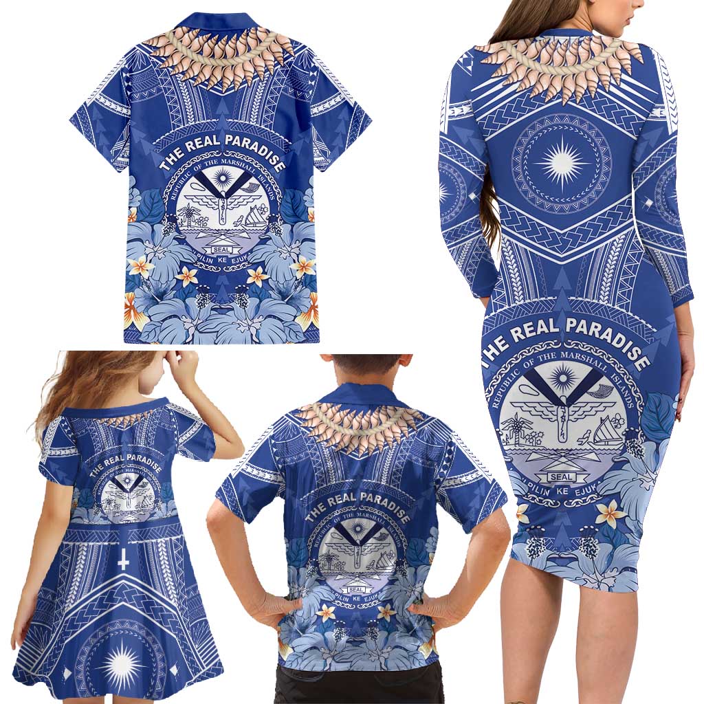 Marshall Islands Jemenei Day Family Matching Long Sleeve Bodycon Dress and Hawaiian Shirt Polynesian Tribal Tattoo Seashell Necklace
