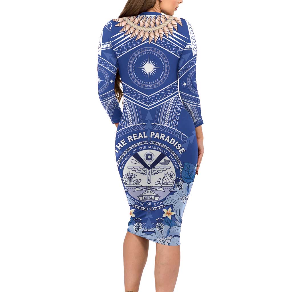 Marshall Islands Jemenei Day Family Matching Long Sleeve Bodycon Dress and Hawaiian Shirt Polynesian Tribal Tattoo Seashell Necklace