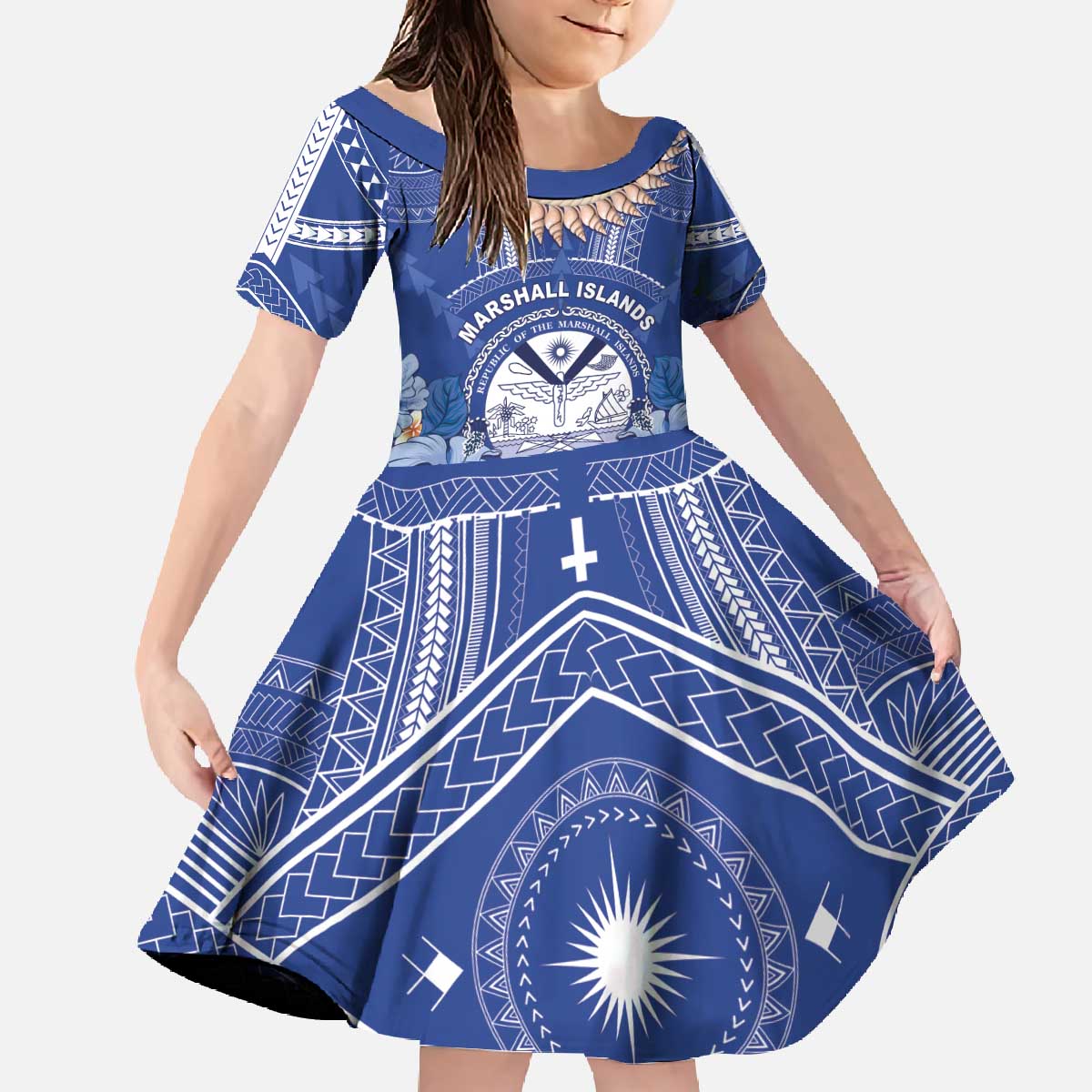 Marshall Islands Jemenei Day Family Matching Off The Shoulder Long Sleeve Dress and Hawaiian Shirt Polynesian Tribal Tattoo Seashell Necklace