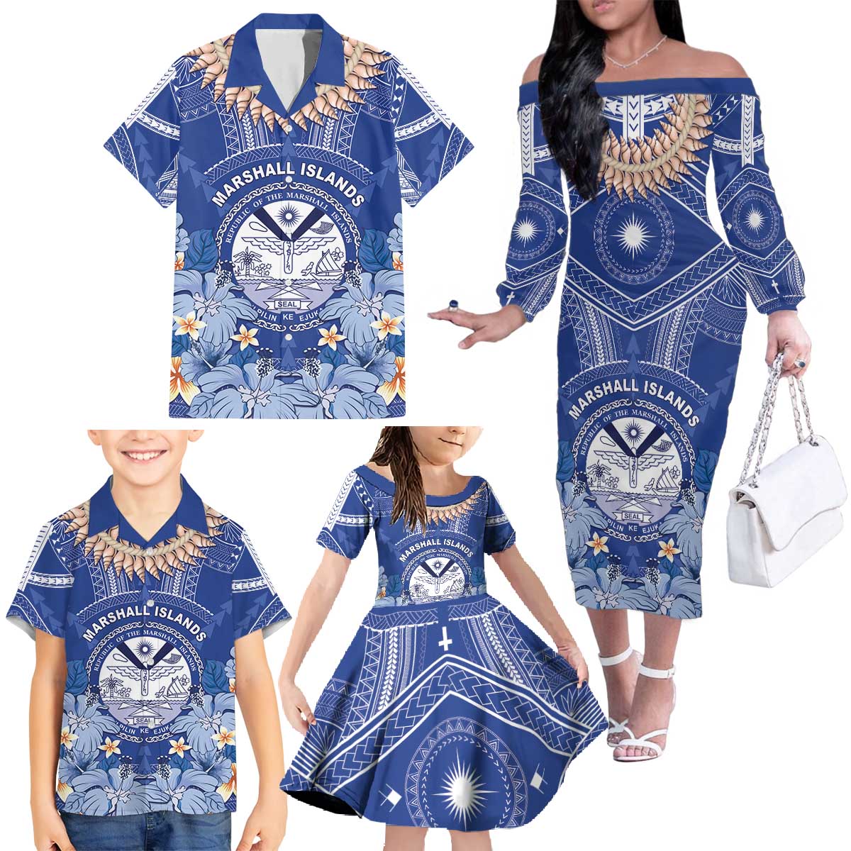 Marshall Islands Jemenei Day Family Matching Off The Shoulder Long Sleeve Dress and Hawaiian Shirt Polynesian Tribal Tattoo Seashell Necklace