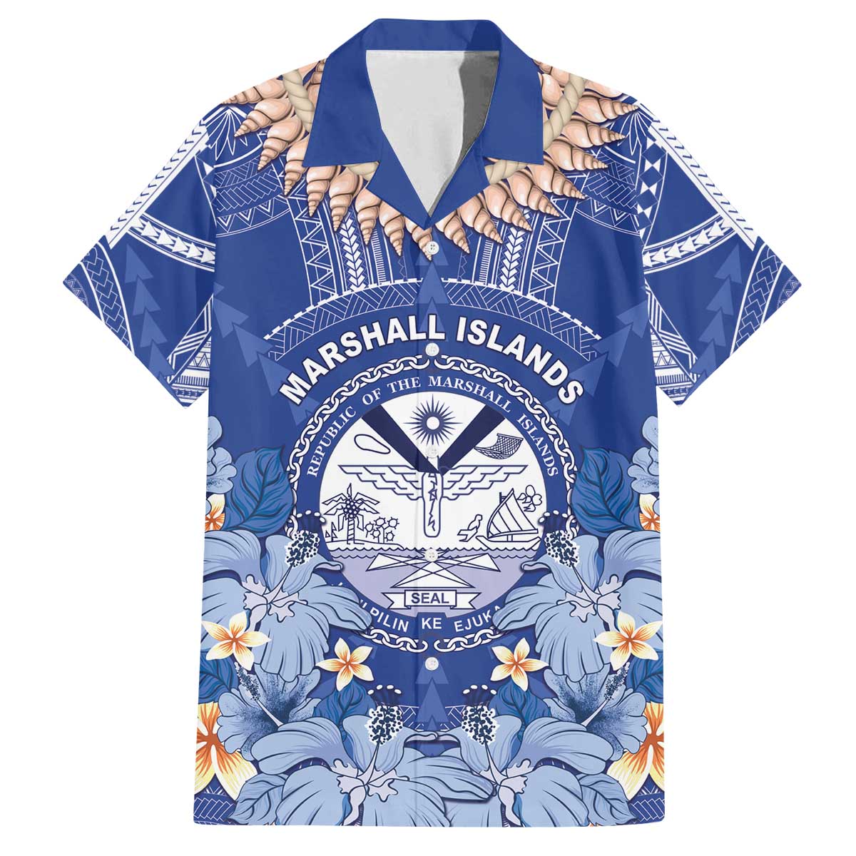 Marshall Islands Jemenei Day Family Matching Off The Shoulder Long Sleeve Dress and Hawaiian Shirt Polynesian Tribal Tattoo Seashell Necklace