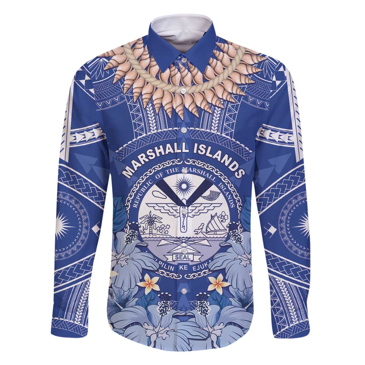 Marshall Islands Jemenei Day Family Matching Off The Shoulder Long Sleeve Dress and Hawaiian Shirt Polynesian Tribal Tattoo Seashell Necklace