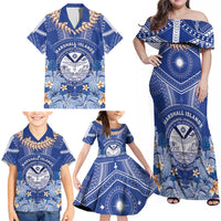 Marshall Islands Jemenei Day Family Matching Off Shoulder Maxi Dress and Hawaiian Shirt Polynesian Tribal Tattoo Seashell Necklace