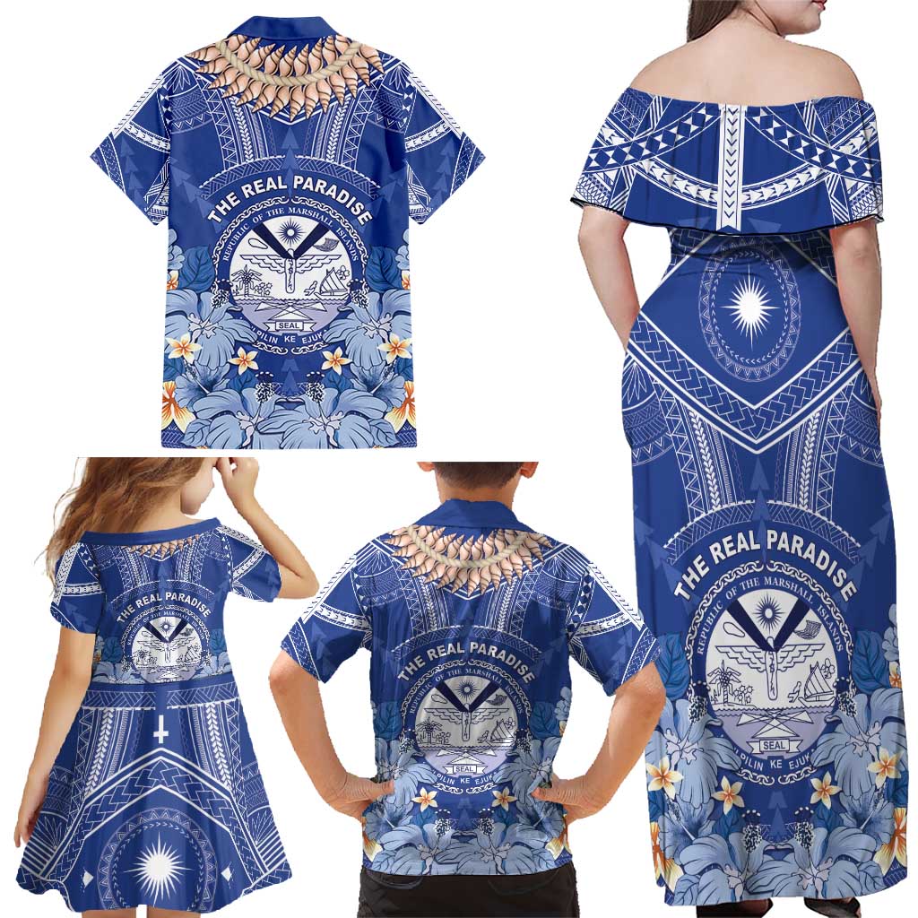 Marshall Islands Jemenei Day Family Matching Off Shoulder Maxi Dress and Hawaiian Shirt Polynesian Tribal Tattoo Seashell Necklace