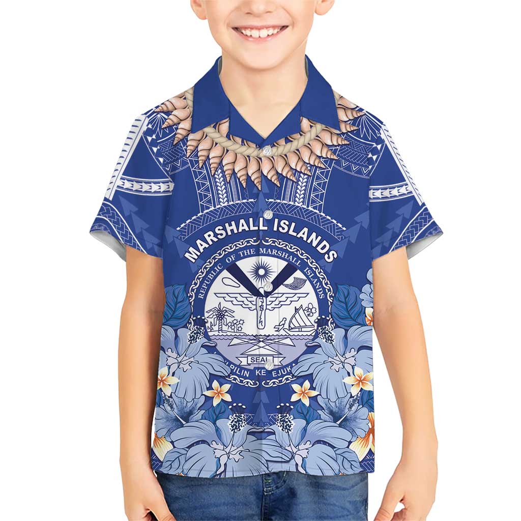 Marshall Islands Jemenei Day Kid Hawaiian Shirt Polynesian Tribal Tattoo Seashell Necklace LT05 Kid Blue - Polynesian Pride