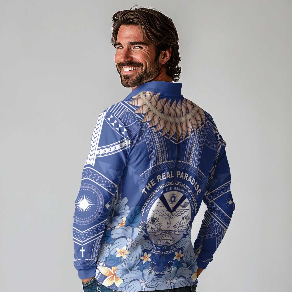 Marshall Islands Jemenei Day Long Sleeve Polo Shirt Polynesian Tribal Tattoo Seashell Necklace