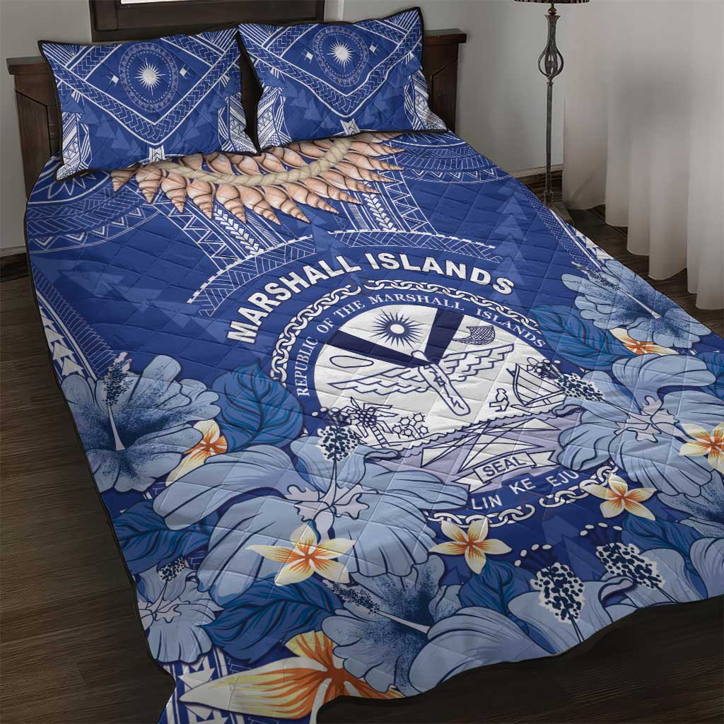 Marshall Islands Jemenei Day Quilt Bed Set Polynesian Tribal Tattoo Seashell Necklace LT05 Blue - Polynesian Pride