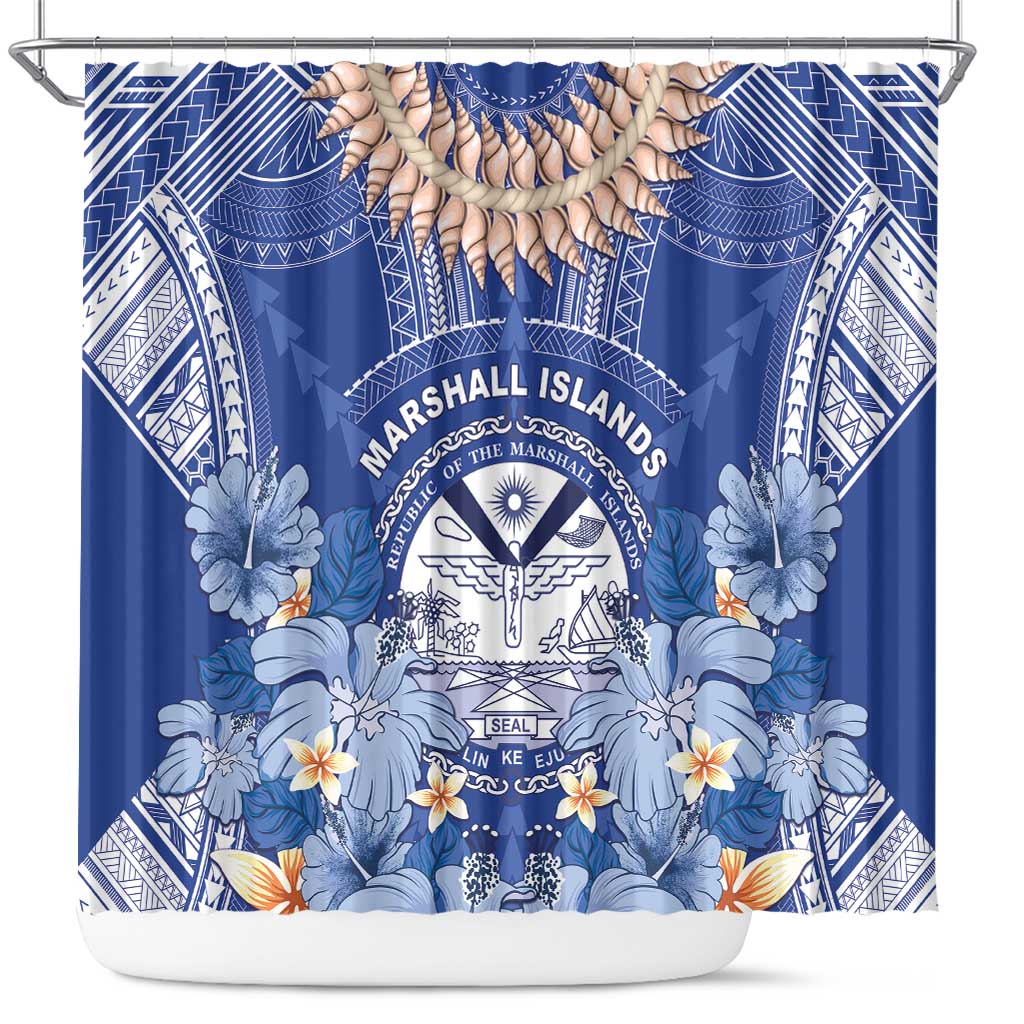 Marshall Islands Jemenei Day Shower Curtain Polynesian Tribal Tattoo Seashell Necklace LT05 Blue - Polynesian Pride