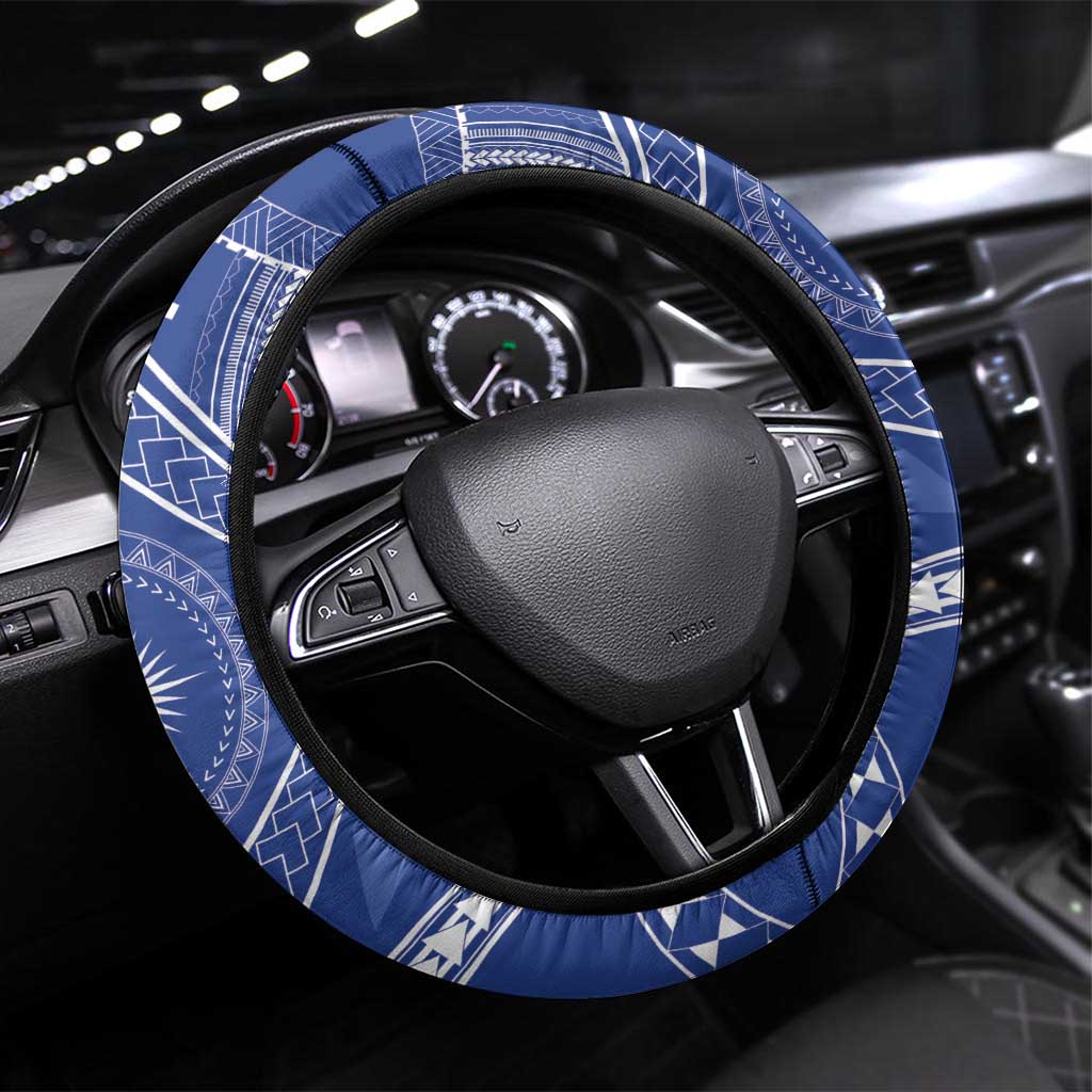 Marshall Islands Jemenei Day Steering Wheel Cover Polynesian Tribal Tattoo Seashell Necklace LT05 Universal Fit Blue - Polynesian Pride