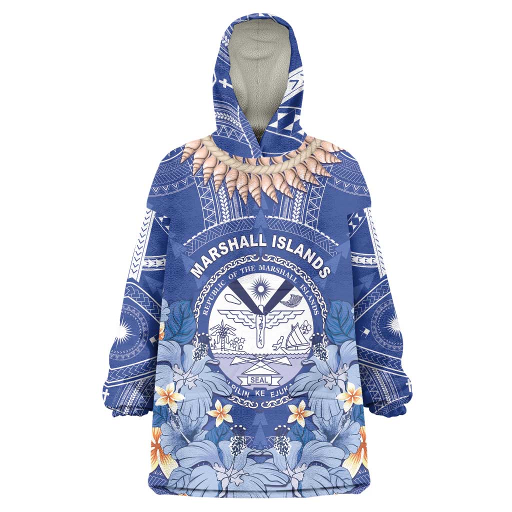 Marshall Islands Jemenei Day Wearable Blanket Hoodie Polynesian Tribal Tattoo Seashell Necklace LT05 One Size Blue - Polynesian Pride