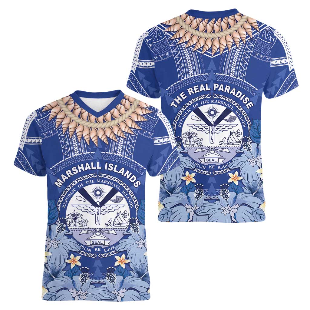 Marshall Islands Jemenei Day Women V-Neck T-Shirt Polynesian Tribal Tattoo Seashell Necklace