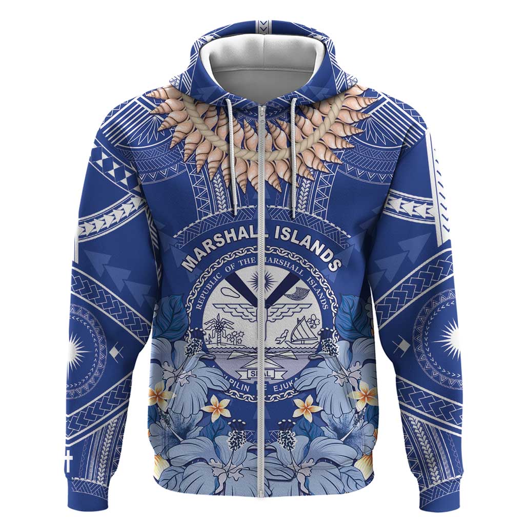 Marshall Islands Jemenei Day Zip Hoodie Polynesian Tribal Tattoo Seashell Necklace LT05 Zip Hoodie Blue - Polynesian Pride