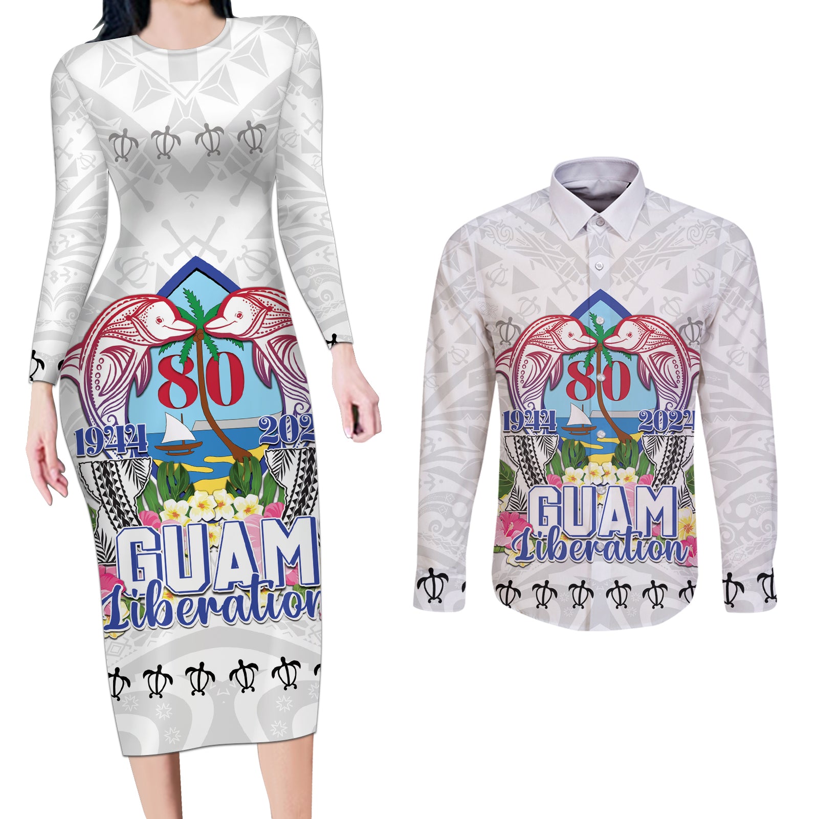 Guam Chamorro Liberation Day Couples Matching Long Sleeve Bodycon Dress and Long Sleeve Button Shirt 80th Anniversary