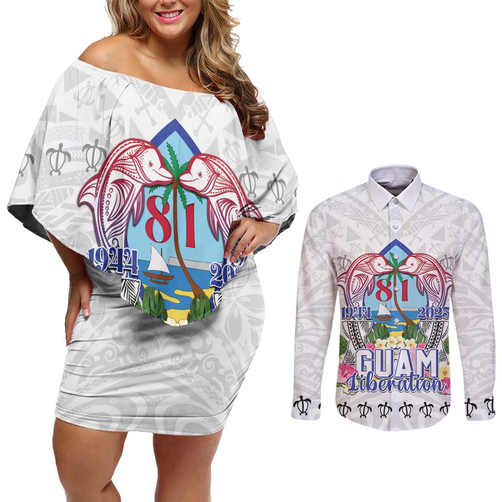 Guam Chamorro Liberation Day Couples Matching Off Shoulder Short Dress and Long Sleeve Button Shirt 80th Anniversary