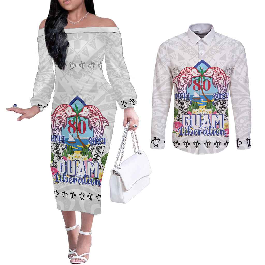 Guam Chamorro Liberation Day Couples Matching Off The Shoulder Long Sleeve Dress and Long Sleeve Button Shirt 80th Anniversary