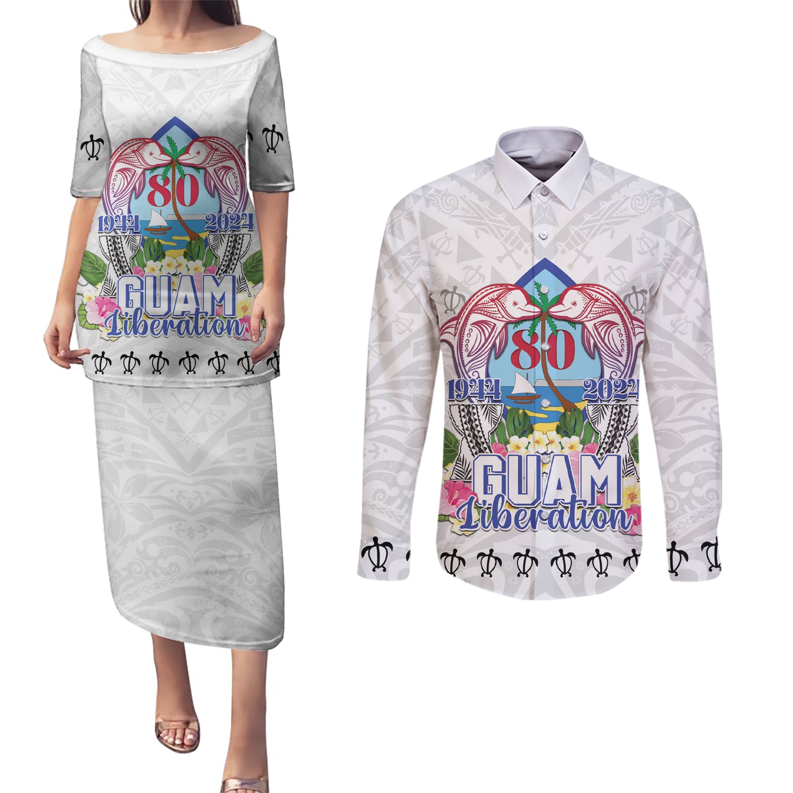 Guam Chamorro Liberation Day Couples Matching Puletasi and Long Sleeve Button Shirt 80th Anniversary