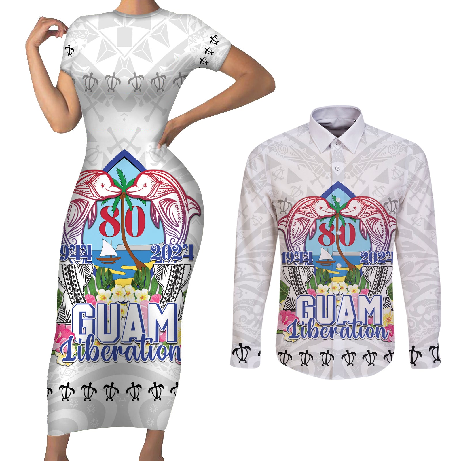 Guam Chamorro Liberation Day Couples Matching Short Sleeve Bodycon Dress and Long Sleeve Button Shirt 80th Anniversary