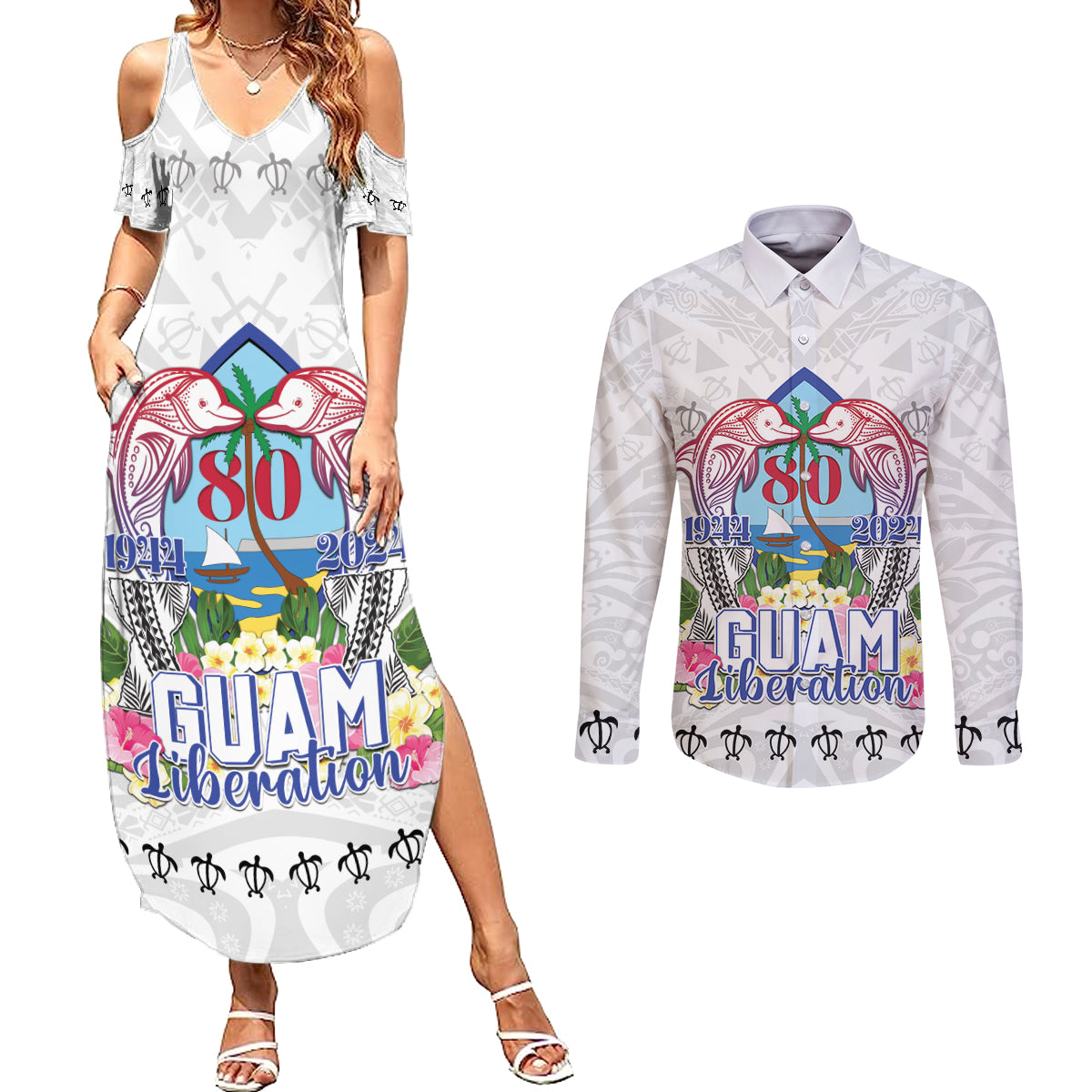Guam Chamorro Liberation Day Couples Matching Summer Maxi Dress and Long Sleeve Button Shirt 80th Anniversary