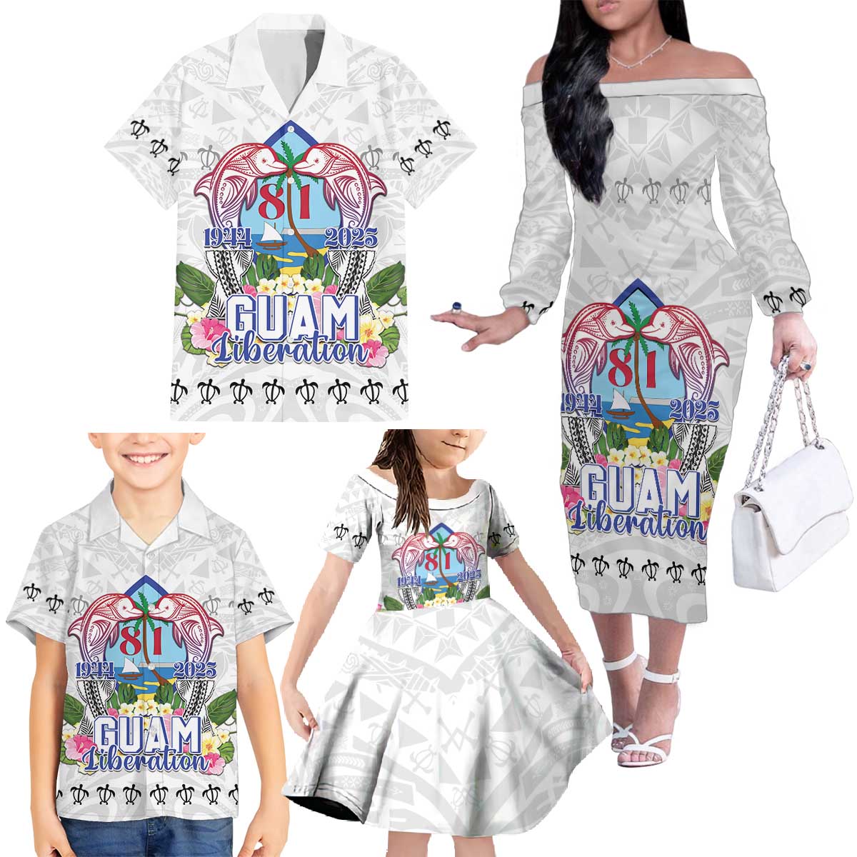 Guam Chamorro Liberation Day Family Matching Off The Shoulder Long Sleeve Dress and Hawaiian Shirt 80th Anniversary