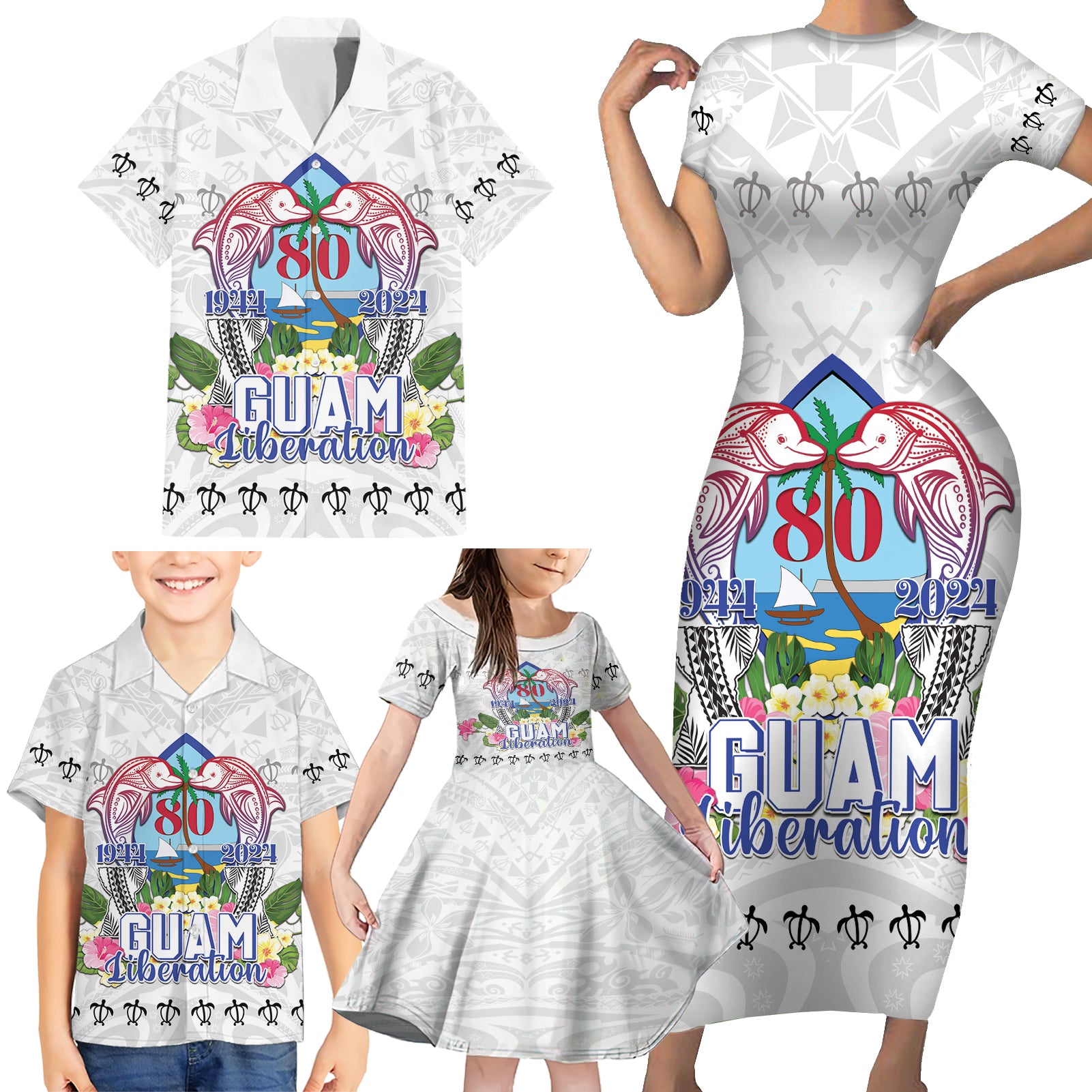 Guam Chamorro Liberation Day Family Matching Short Sleeve Bodycon Dress and Hawaiian Shirt 80th Anniversary