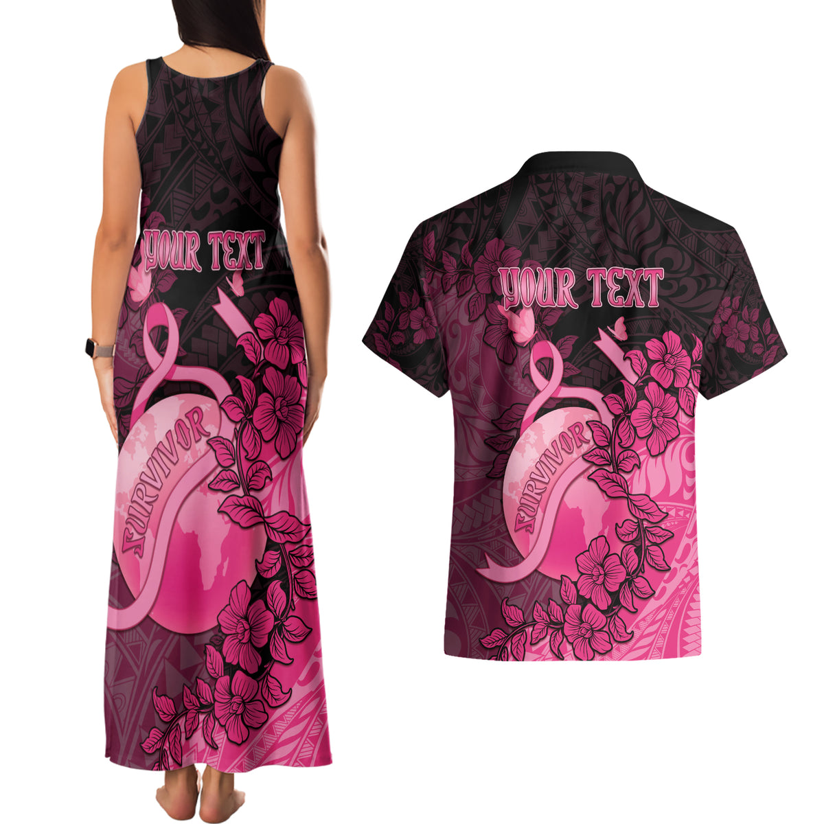Personalised Cancer Fighter Couples Matching Tank Maxi Dress and Hawaiian Shirt I Beat Cancer