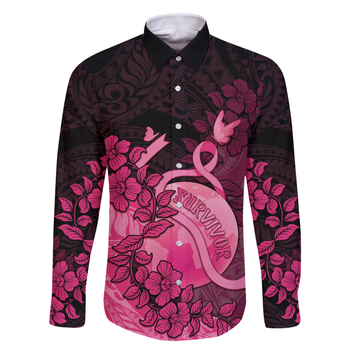 Personalised Cancer Fighter Family Matching Off The Shoulder Long Sleeve Dress and Hawaiian Shirt I Beat Cancer LT05 Dad's Shirt - Long Sleeve Pink - Polynesian Pride