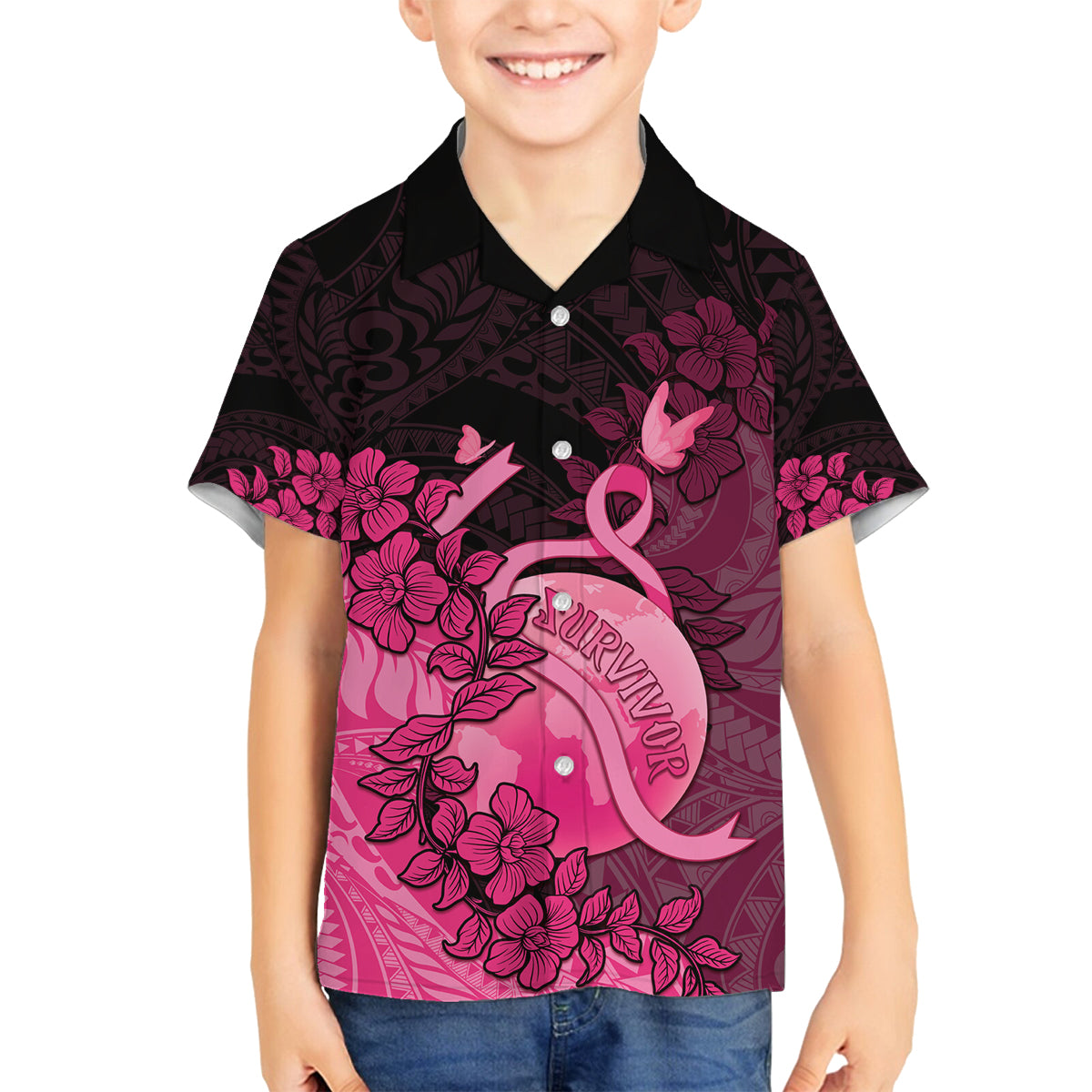 Personalised Cancer Fighter Family Matching Off The Shoulder Long Sleeve Dress and Hawaiian Shirt I Beat Cancer LT05 Son's Shirt Pink - Polynesian Pride