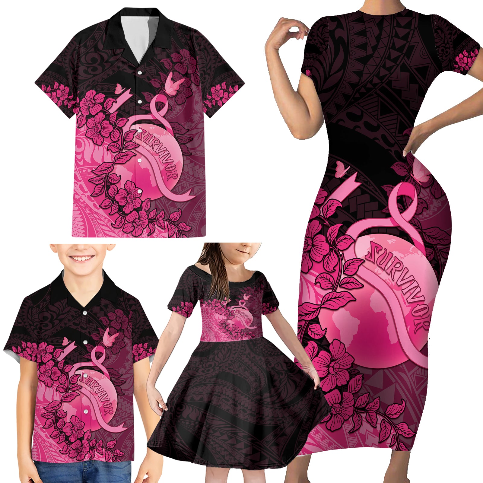 Personalised Cancer Fighter Family Matching Short Sleeve Bodycon Dress and Hawaiian Shirt I Beat Cancer