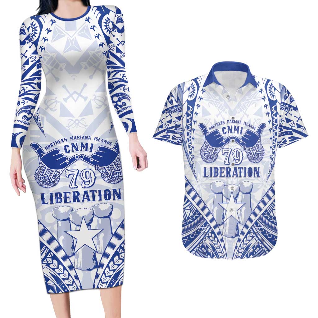 Northern Mariana Islands Liberation Day Couples Matching Long Sleeve Bodycon Dress and Hawaiian Shirt 79th Anniversary