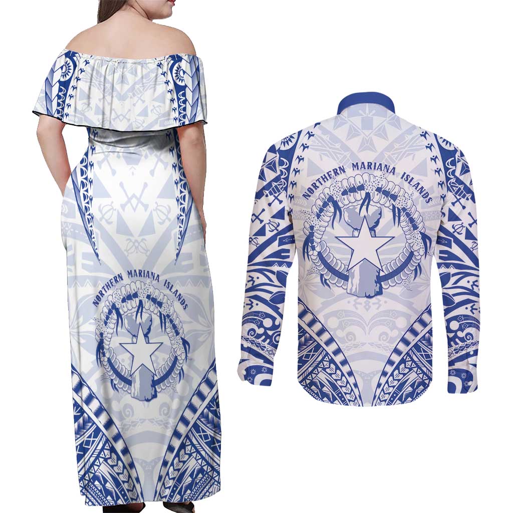 Northern Mariana Islands Liberation Day Couples Matching Off Shoulder Maxi Dress and Long Sleeve Button Shirt 79th Anniversary LT05 - Polynesian Pride